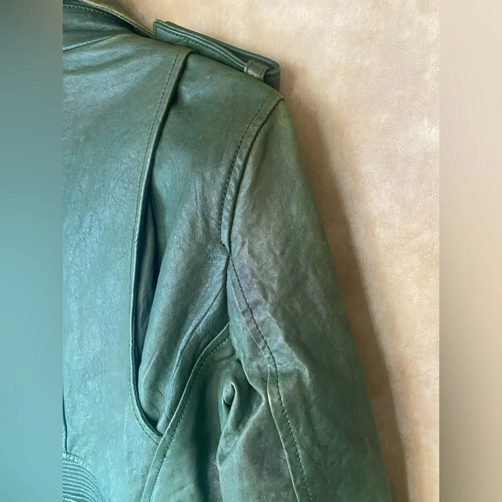 Diesel Distressed Dark Green Leather Premise Beaded Moto Jacket - Picture 13 of 14